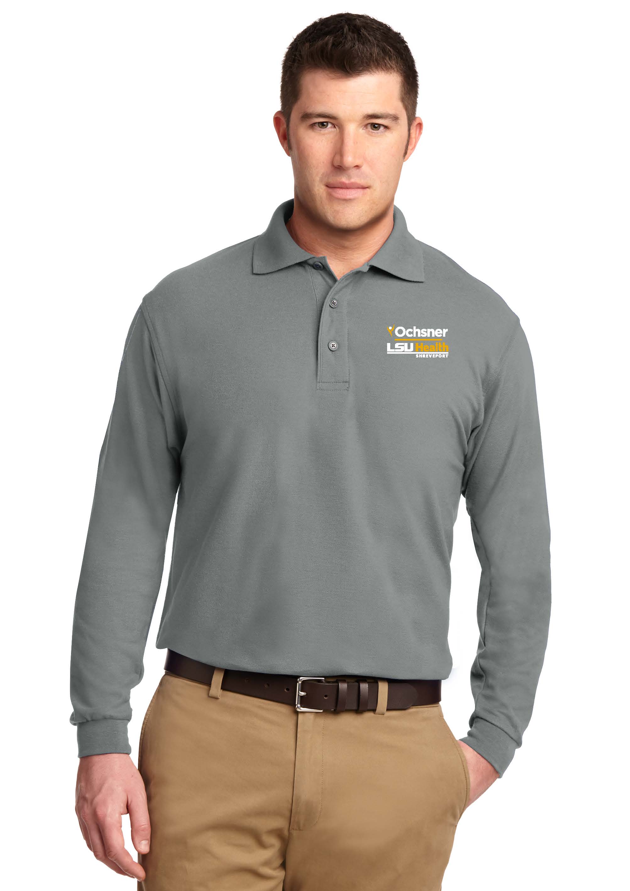 Ochsner LSU Health Shreveport Men's Long Sleeve Silk Touch Polo, Cool Gray, large image number 1